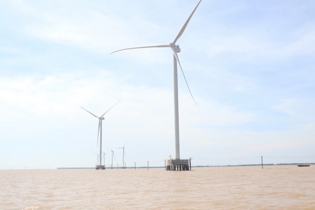 Các dự án điện gió ở vùng biển tỉnh Bến Tre. (Ảnh: Công Trí/TTXVN)